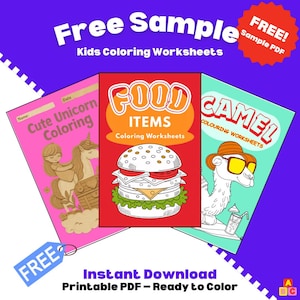 May include: A promotional image for kids' coloring worksheets. The image features three colorful printable PDF covers: "Cute Unicorn Coloring", "Food Items Coloring Worksheets" with a burger illustration, and "Camel Colouring Worksheets". The image includes the text "Free Sample" and "Instant Download".