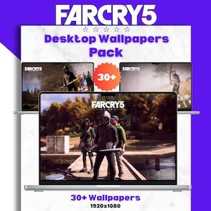 Könnte beinhalten: Werbebild für ein "Far Cry 5" Desktop-Wallpaper-Paket. Das Bild zeigt drei Laptops, die Spielszenen anzeigen, mit dem Logo des Spiels und dem Text "Desktop Wallpapers Pack". Der Text "30+ Wallpapers" und "1920x1080" ist ebenfalls enthalten.