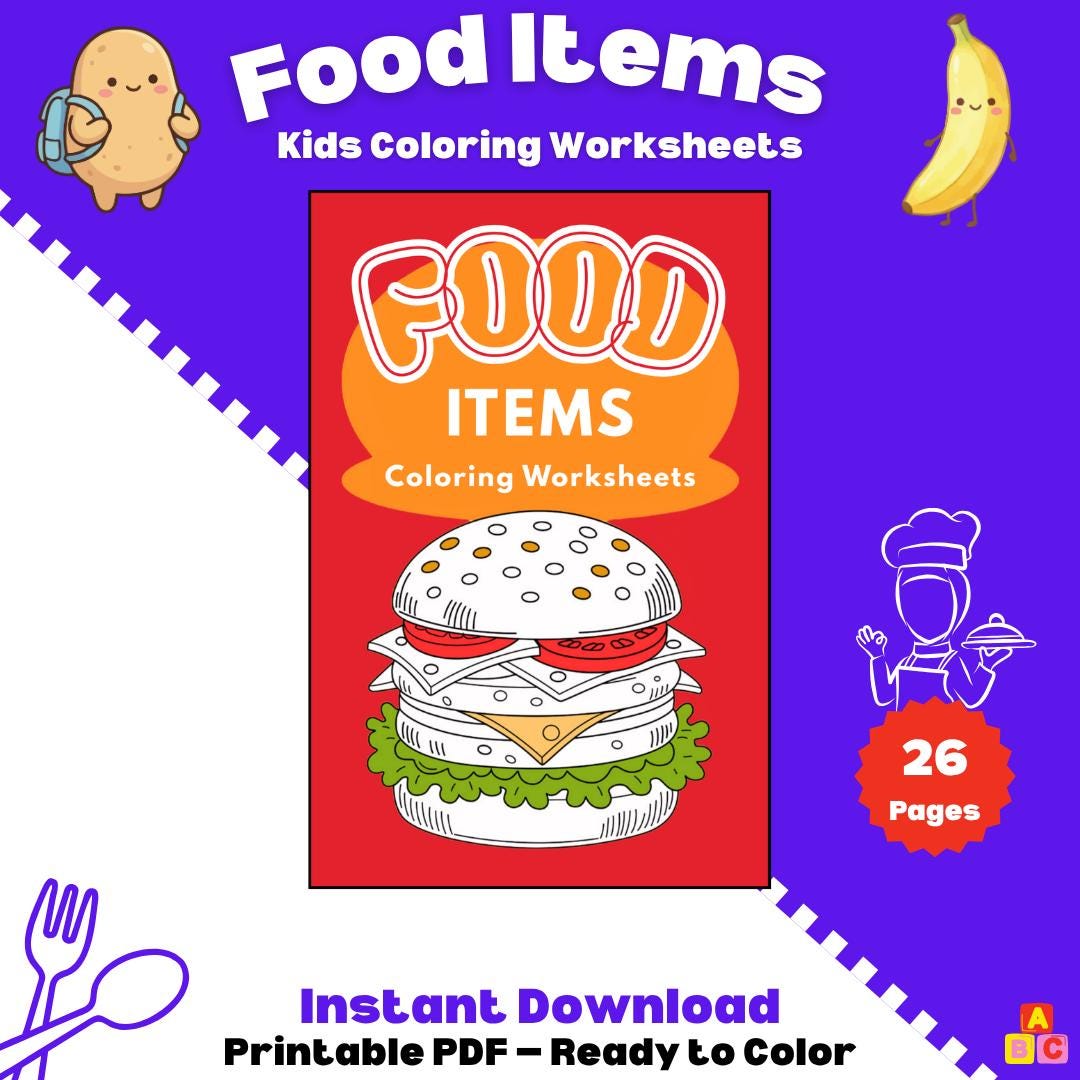 Food Items Coloring Pages for Kids | 26 Printable Worksheets (PDF ...