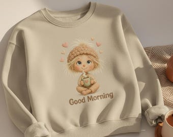 Good Morning Girl PNG – Cozy Coffee Illustration