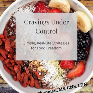 May include: A white bowl filled with a colorful smoothie bowl. The bowl contains strawberries, blackberries, banana slices, goji berries, and coconut flakes. Text on the image reads "Cravings Under Control" and "Simple, Real-Life Strategies for Food Freedom."