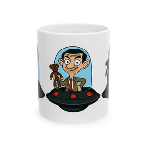 Whimsical Mr. Bean UFO Ceramic Mug, Fun Coffee Cup for Kids & Adults, Cartoon Gift for Birthdays, Unique Home Decor, Personalized Mug