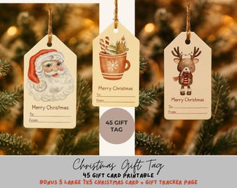 Printable Christmas Gift Tags Set | 45 Cute Holiday Tags + 5 Bonus Cards | Santa, Gingerbread, Xmas Tree | Instant Download PDF