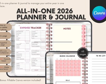 2026 Digital Planner & Journal | All-in-One Tablet Planner | Editable Fillable Canva Version | Hyperlinked PDF | Expense Tracker, To-Do