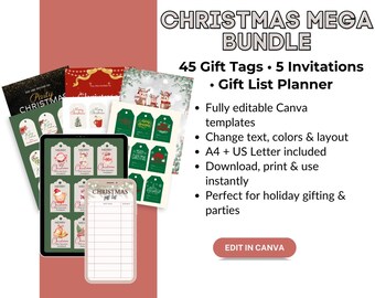 Christmas Mega Bundle • 45 Gift Tags + 5 Invitations + Gift List • Printable Holiday Set • Canva Editable Templates • Instant Download