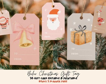 Editable Christmas Gift Tags Printable | Pastel Holiday Gift Tags | Neutral Boho Christmas Tags + 3 Planner Pages
