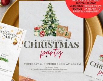 Christmas Party Invitation Set (3 Designs) | Editable Canva Templates | Printable A4 + Digital Phone Versions-Holiday Dinner, Office Party