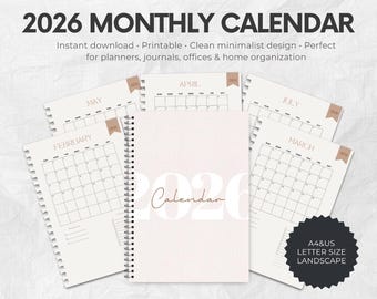 2026 Monthly Calendar Printable • Minimalist Wall Calendar • A4 & US Letter PDF • Simple 12-Month Planner • Landscape Calendar 2026