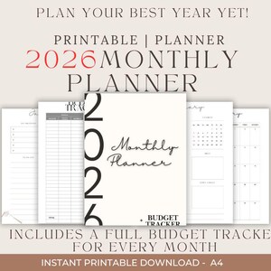 Könnte beinhalten: Eine Sammlung druckbarer Planerseiten für 2026, einschließlich eines Monatsplaners und Budget-Trackers. Das Cover ist cremefarben mit der Jahreszahl in großen schwarzen Zahlen und den Worten "Monthly Planner". Zusätzliche Seiten enthalten Kalender und Finanz-Tracking-Blätter.