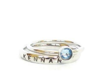 Personalized Engraved Name Ring Stackable Ring, Swarovski Crystal March Aquamarine Birthstone, New Baby, Christmas Gift Wife Stacking Silver