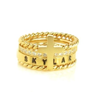 Gold Stacking Ring Set, Name Ring, Gold Stackable Rings, Gift for Confirmation,  Mother&#39;s Ring, Gold Stackable  Ring Gift, Gold Name Ring