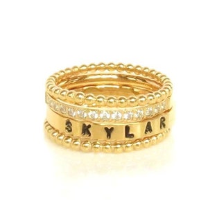 Gold Stacking Ring Set, Name Ring, Gold Stackable Rings, Mother&#39;s Ring, Gold Stackable  Ring Gift, Gold Name Ring Set