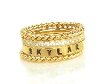 Gold Stacking Ring Set, Name Ring, Gold Stackable Rings, Mother's Ring, Gold Stackable  Ring Gift, Gold Name Ring Set