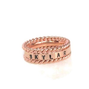 Rose Gold Stacking Ring Set, Name Ring, Rose Gold Stackable Rings, Mother&#39;s Ring, Gold Stackable  Ring Gift, Rose Gold Name Ring Set