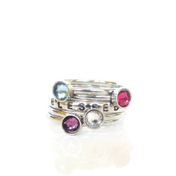 BLESSED Stackable Swarovski Crystal Ring, Name Ring, Birthstone, Mothers Day Gift Mom, Friend, Grandma, Aunt, Wife, Stackable Family