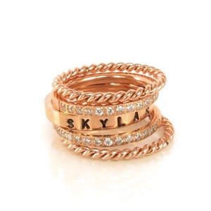 Rose Gold Stacking Ring Set, Name Ring, Rose Gold Stackable Rings, Mother&#39;s Ring, Gold Stackable  Ring Gift, Rose Gold Name Ring Set