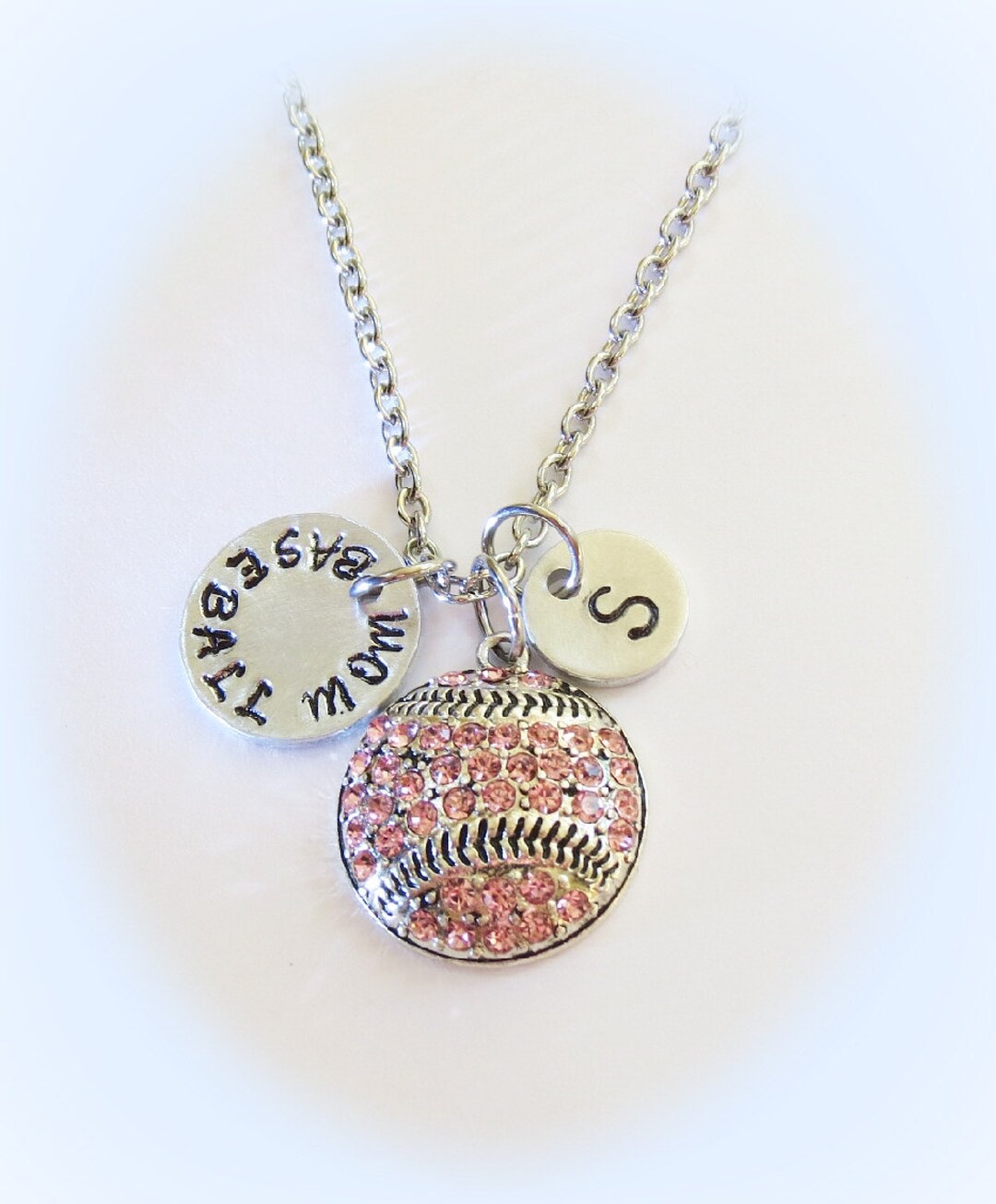 Personalized Baseball Mom Necklace, Initial Crystal Baseball