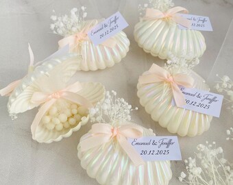 Seashell Wedding Favor: Personalized Tag, Candy Pearls, Satin Ribbon (Set of 10)