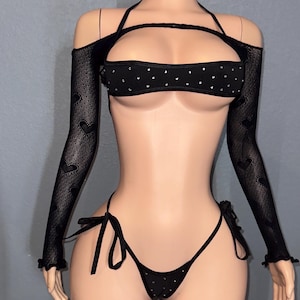 Schwarzer Strass Stripper Bikini mit Bolero Top