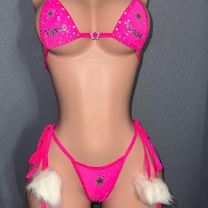 Bikini rosa con pedrería para stripper / ropa de baile exótico / hecho a mano / personalizado