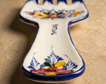 Hand Painted Portuguese Faience Spoon Rest – Ceramic Wall Decor Fork Shape –