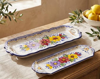 Hand Painted Portuguese Faience Serving Trays – 2 Sizes Available (L & XXL) – Floral Ceramic Platters