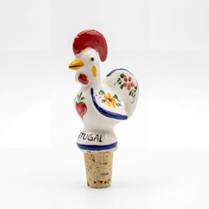 Tapón de vino de cerámica pintada a mano con forma de gallo de Barcelos - Cerámica de loza portuguesa