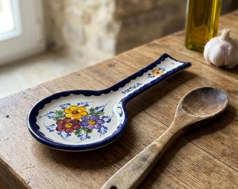 Hand Painted Portuguese Spoon Rest – Large Ceramic Utensil Holder – Floral Faience Made in Portugal