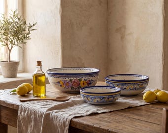 Hand Painted Portuguese Ceramic Bowl Set of 3 – Traditional Floral Pottery – Handmade in Portugal