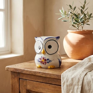 Ręcznie malowana portugalska sowa ceramiczna – tradycyjna figurka fajansowa – kolorowa dekoracja ceramiczna wyprodukowana w Portugalii