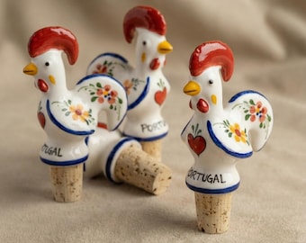 Hand-Painted Ceramic Barcelos Rooster Wine Stopper - Portuguese Faience Pottery