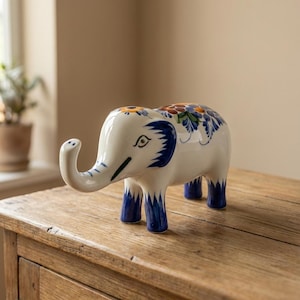 Hand Painted Ceramic Elephant Figurine – Portuguese Faience Pottery – Lucky Elephant Statue – Handmade Portugal Gift