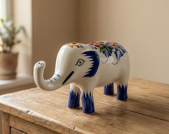 Hand Painted Ceramic Elephant Figurine – Portuguese Faience Pottery – Lucky Elephant Statue – Handmade Portugal Gift