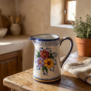 Brocca in maiolica portoghese dipinta a mano – Brocca in ceramica tradizionale – Collezione di fiori portoghesi