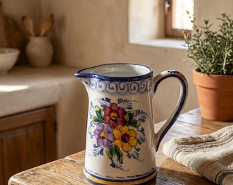 Hand Painted Portuguese Faience Pitcher – Traditional Ceramic Jug – Portugal Flower Collection