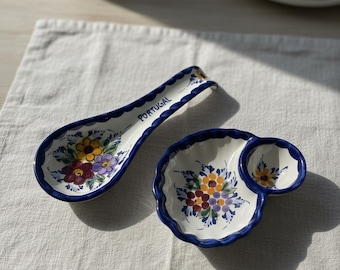 Hand-Painted Portuguese Ceramic Set – Floral Spoon Rest & Olive Dish