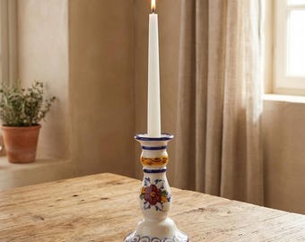 Hand Painted Ceramic Candlestick: Portuguese Faience Pottery, 15cm
