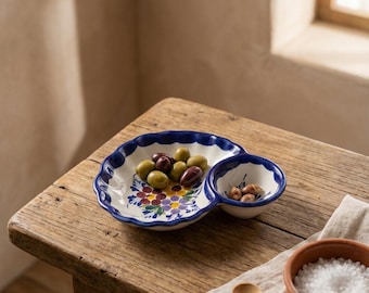 Hand painted Portuguese Olive Dish – Ceramic Serving Plate, Rustic Faience Pottery