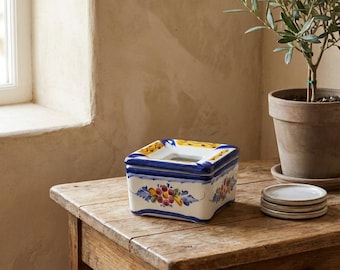 Hand-Painted Portuguese Ceramic Ashtray: Floral Faience Pottery Dish