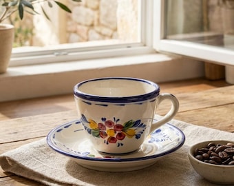 Hand Painted Portuguese Teacup and Saucer: Faience Floral Pottery