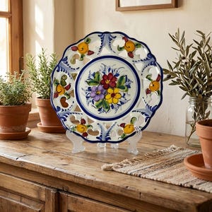 Hand-Painted Portuguese Ceramic Plate: Floral Faience Pottery, Decorative Dish