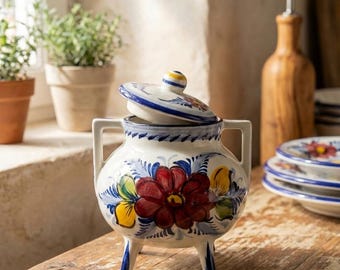 Hand Painted Portuguese Pottery Jar with Lid: Rustic Ceramic Sugar Bowl