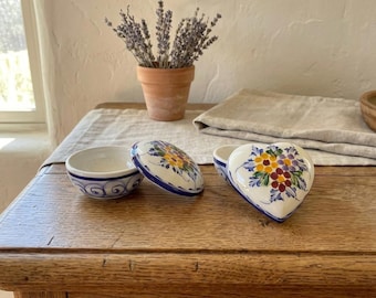Hand Painted Portuguese Faience Jewelry Box Set – Round + Heart Trinket Boxes – Portugal Flower Collection