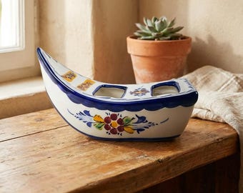 Hand-Painted Ceramic Caravel / boat : Portuguese Faience Nautical Decor