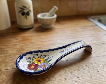 Hand Painted Portuguese Spoon Rest – Traditional Ceramic Utensil Holder – Floral Faience Made in Portugal