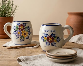 Hand Painted Portuguese Ceramic Mug: Floral Faience Pottery