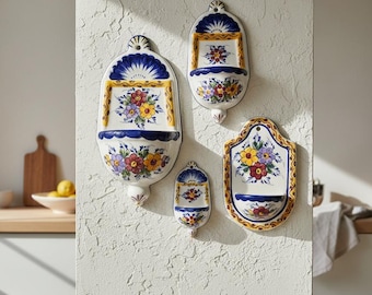 Hand Painted Portuguese Faience Wall Salt Box – 4 Models Available – Traditional Ceramic Kitchen Decor