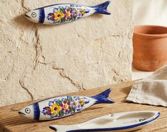 Set of 3 Hand Painted Portuguese Ceramic Sardines – Faience Wall Decor – Portugal Flower Collection