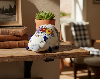 Hand-Painted Ceramic Piggy Bank: Portuguese Faience Folk Art