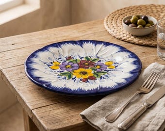 Hand Painted Portuguese Faience Plate – 26 cm Floral Ceramic Dinner Plate – Portugal Flower Collection